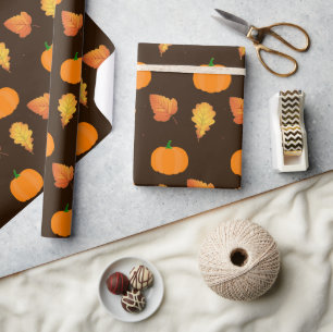 Papier Cadeau Feuilles d'automne orange et citrouilles sur artis