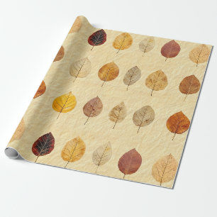 Papier Cadeau Feuilles d'automne pressées dorées marron crème vi