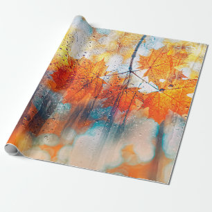 Papier Cadeau feuilles d'automne sur texture de verre pluvieux.