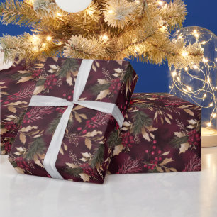 Papier Cadeau Feuilles de couleur or et floral séché