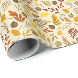 Papier Cadeau Feuilles de Fall Ginkgo et Motif d'olive