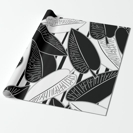 Papier Cadeau Feuilles de ficus noir moderne abstrait rayé p (Déroulé)