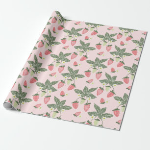 Papier Cadeau Feuilles de fraises papier d'emballage rose et ver
