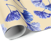 Papier Cadeau Feuilles de gingko bleu et blanc (Coin rond)