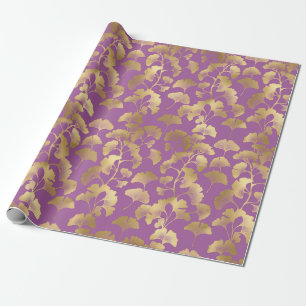 Papier Cadeau Feuilles de Ginkgo en Or Luxueux sur Fond Violet F