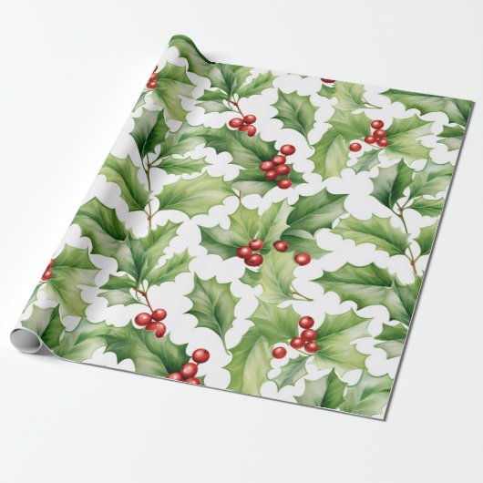 Papier Cadeau Feuilles de houx de Noël (Déroulé)