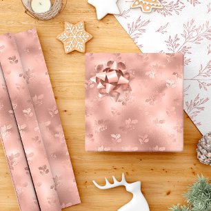 Papier Cadeau Feuilles de houx de Noël en or rose élégant