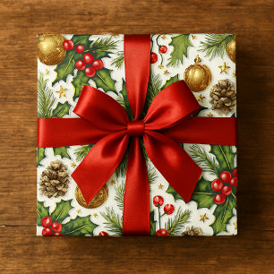 Papier Cadeau Feuilles de houx de Noël et nœud rouge sur fond bl