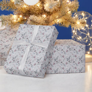 Papier Cadeau Feuilles de houx élégantes Baies sur Noël argenté