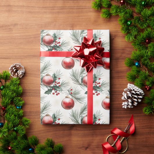 Papier Cadeau Feuilles de Noël et balles rouges (Cadeau de vacances)