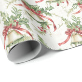 Papier Cadeau Feuilles de Noël et rubans rouges et Bell (Coin rond)