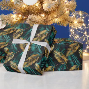Papier Cadeau Feuilles de palmier sarcelle dorée Motif tropica