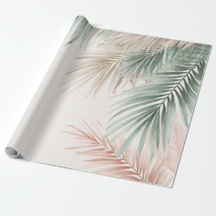 Papier Cadeau Feuilles de palmier tropicales rose pastel vert bl