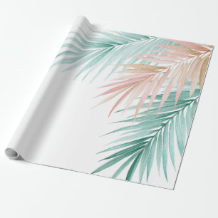 Papier Cadeau Feuilles de palmier tropicales rose pastel vert bl