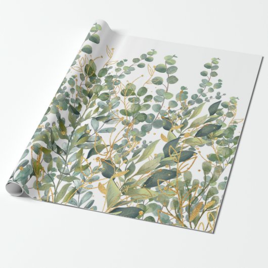 Papier Cadeau Feuilles D'Eucalyptus Botanique Or Et Vert (Déroulé)