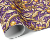 Papier Cadeau Feuilles d'or et grenades pourpres (Coin rond)