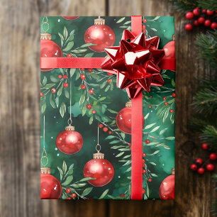 Papier Cadeau Feuilles et ampoules de Noël en vert