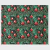 Papier Cadeau Feuilles et ampoules de Noël en vert (Plat)