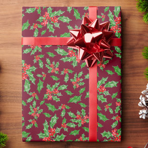 Papier Cadeau Feuilles et baies de houx de Noël rouge et vert
