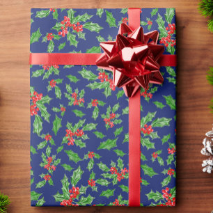 Papier Cadeau Feuilles et baies de houx de Noël rouges et vertes