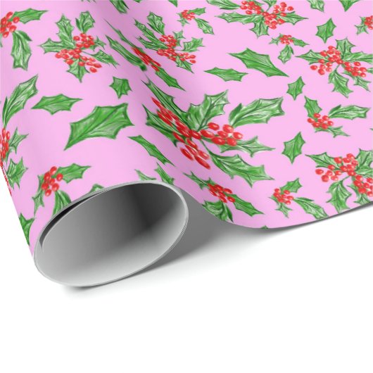 Papier Cadeau Feuilles et baies de Noël rouges et verts (Coin rond)