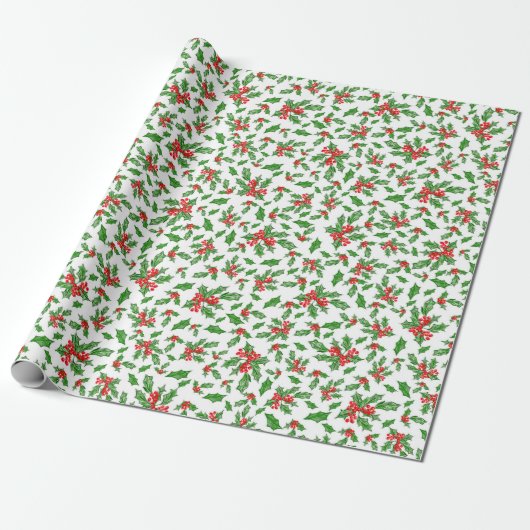 Papier Cadeau Feuilles et baies de Noël rouges et verts (Déroulé)