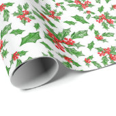 Papier Cadeau Feuilles et baies de Noël rouges et verts (Coin rond)