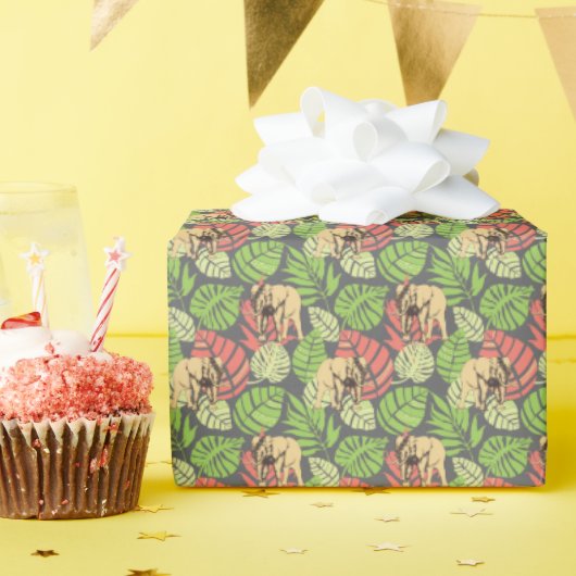 Papier Cadeau Feuilles Et Éléphants De La Jungle Exotique (Fête d'anniversaire)
