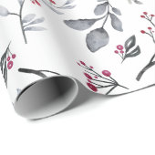 Papier Cadeau Feuilles gris argenté et brindilles avec baies rou (Coin rond)