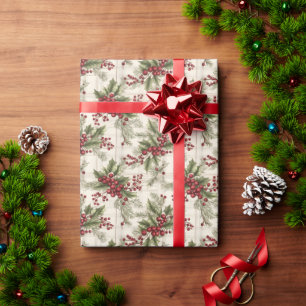 Papier Cadeau Feuilles Holly avec baies et pin Noël
