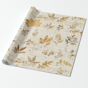 Papier Cadeau Feuilles Jaune Brun Terreux sur Fond Rustique d'Au
