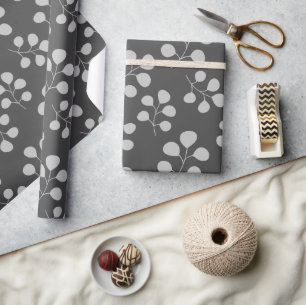Papier Cadeau Feuilles modernes Eucalyptus gris et noir