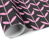 Papier Cadeau Feuilles - Rose sur Noir (Coin rond)