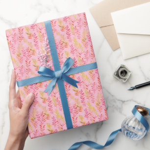 Papier Cadeau Feuilles roses et jaunes sur rose