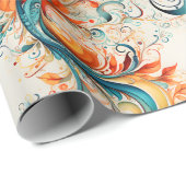 Papier Cadeau Feuilles sarcelle et orange (Coin rond)