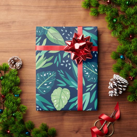Papier Cadeau Feuilles Tropicales Vertes Motif Sur Bleu (Cadeau de vacances)