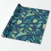 Papier Cadeau Feuilles Tropicales Vertes Motif Sur Bleu (Déroulé)