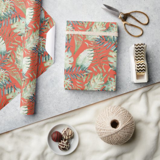 Papier Cadeau Feuilles Vertes Tropicales Orange (Artisanat)