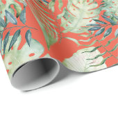 Papier Cadeau Feuilles Vertes Tropicales Orange (Coin rond)