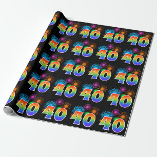 Papier Cadeau Feux d'artifice amusants + Motif arc-en-ciel "40"