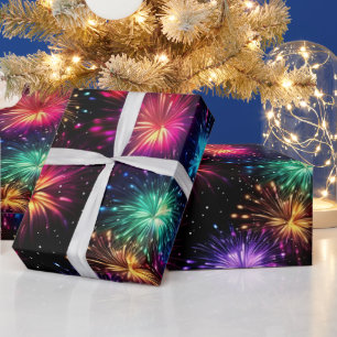 Papier Cadeau Feux d'artifice arc-en-ciel élégants sur fond noir