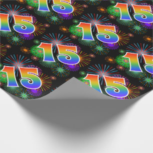 Papier Cadeau Feux d'artifice colorés + Motif "15" d'arc-en-cie