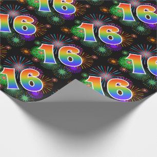 Papier Cadeau Feux d'artifice colorés + Motif "16" d'arc-en-cie