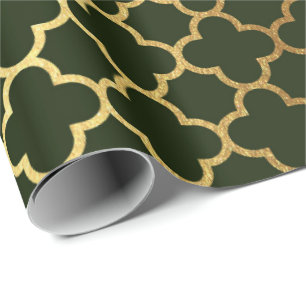 Papier Cadeau Filet d'art déco de Quatrefoil d'or vert de régi