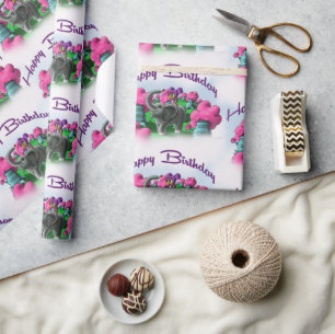 Papier Cadeau Fille Afro-Américaine et éléphant d'anniversaire