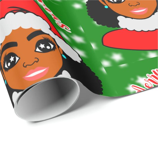 Papier Cadeau Fille Afro Noël, Femme noire, Reine Melanin (Coin rond)