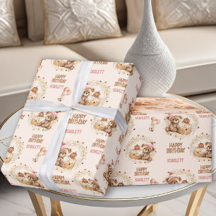 Papier Cadeau Fille Automne Mignonne Ours Nom du texte 2e annive