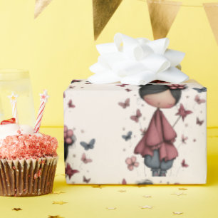 Papier Cadeau Fille avec baguette magique et motif de papillons