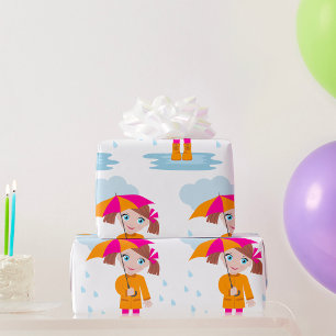 Papier Cadeau Fille avec parapluie sous la pluie Enfants Jour de