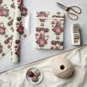 Papier Cadeau Fille avec une poupée grenouille motif fantaisiste